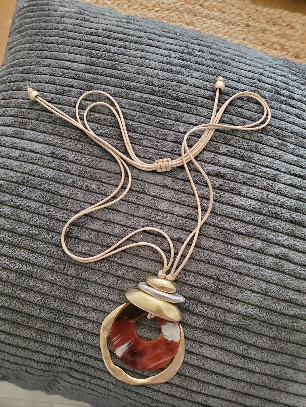 Beige Cord Necklace with Gold-Tone and Marbled Brown Pendant